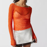 Sexy Lace Hot Girl Crop Tops Fashion Women Spring Autumn Long Sleeve Slim Fit Sheer T-Shirts Casual Streetwear Solid Basic Tees