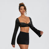 Women Long Sleeve Crop Tops Mesh Lace Trim Sweetheart Neckline Tie-Up Backless T-Shirts Spring Fall Slim Fit Shirts Streetwear