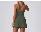 Front Zipper Tennis Dresses Women Summer Sleeveless Sports Athletic Dress Outdoor Cross Backless Pocket Short Workout Skirts