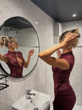 Ahagaga Sexy Club Women's Mini Dresses Lace Patchwork Hollow Out Sheath Slim Fit Half High Collar Folds Bodycon Streetwear Trend