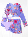 2026 Summer Women's 4 Pieces Suit Swimwear Neck Lace-up Bikini Set+crop Top+skirts Floral Print Gauze Swimsuit Beachwear Biquini