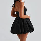 Women Bubble Halter Mini Dress Elegant Summer Sleeveless Tie up Backless Corset Evening Party Club Short Dress Y2K Streetwear