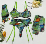 Toucheart Erotic Lingerie Leopard Print 5-piece Set with Gloves and Stockings Tie-dye Printed Sexy Hot Lingerie Suit for Women