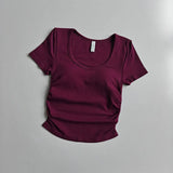 Big round Neck Yoga T-Shirt Short-Sleeved Slimming Sports Top with Fixed Chest Cushion for Running Pilates Summer Stretch