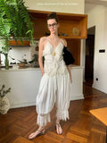 Women's Ruffled Lace Trim Loose Pants For Woman White Ruffled Embroidery Camisole Straps Button Front For Sweet Summer Look WM6E