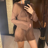 Sexy Long Sleeve See Through Top  Mesh Sheer Tunic Beach Cover Up Cover-ups Beach Dress Beach Wear Beachwear Female Women V3557