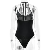 FDYOUI Women Sexy Sleeveless Lace Patchwork Pink Bodysuits 2026 Summer Halter Lace-up Backless One Piece Party Club Jumpsuit Top