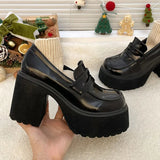 Punk Style Chunky Platform Pumps Women Black Pu Leather Super High Heel Loafers Woman Slip On Thick Heels Lolita Mary Jane Shoes