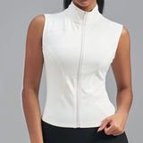 Women Zipper Yoga Shirts Solid Stand Up Collar Elastic Slim Fit Sports Jacket Breathable Sleeveless Sunscreen Workout Clothes