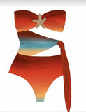 Vintage Blue Gradient Swimwear Pleate Long Skirt Bikini Set 2026 Women Bandeau Metal Starfish Bathing Suit One Piece Swimsuit