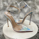 Clear PVC Patchwork Sandals  Newest Transparent Straps Stiletto Heel Sandals Sexy Laser silver High Heels Wedding Shoes12cm