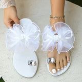 Fashion Mesh Bowknot Flat Heel Sandals Women Rhinestone Decor Clip Toe Beach Slippers Woman Plus Size 42 Backless Sandals Female