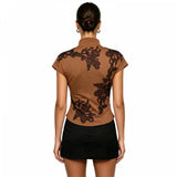 Women's Cheongsam Tops Mock Neck Short Sleeve Lace Patchwork  Blouse Chinese Style Keyhole Summer Shirts