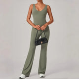 Women's Seamless Yoga Jumpsuits Sports Fitness Sleeveless Hip-lifting Flared One-piece Workout Gym Training Slim Fit Bodysuits
