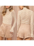 Women's Spring Summer Solid Color Slim Lace Mesh Tops Flare Long Sleeve High Neck Sheer T-Shirt for Party, Daily