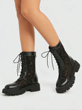 2026 New Big Size 45 Chic Black Lace Mesh Summer Boots Women Round Toe Square Heels Shoelace Zip-up Mid-calf Boots Shoes