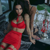Toucheart Sexy Underwear Set Satin Spliced Mesh See-through Hip-covering Tassel Women's Solid Color 5-piece Sexy Lingerie Set