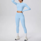 New Women Yoga Set Solid Color Double-Sided Brushed Bare Feel Short Long-Sleeve Jacket Tight Pants Running Fitness 2-Piece Set