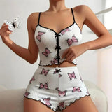 2 Pcs/Set Summer Women Pajamas Set Butterfly Heart Printing Sleeveless Backless Cop Top High Waist Shorts Sleepwear For Sleeping
