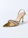 Sexy Crystal Slingback Women Golden Back Strap Sandals Narrow Band Pointed Toe High Heels Pumps Party Summer Outdoor Dress Shoes