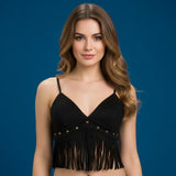 Women Stylish Tassel Trimmed Sleeveless V Neck Spaghetti Strap Crop Vest Summer Solid Color Camisole Tops for Party Nights