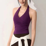 Sexy V-neck Cross Halter Neck Yoga Vest Sleeveless Sports Bra with Chest Pad Naked Sense Fitness Top with Beauty Back Design for