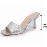 Snake Pattern Silver High Heeled Sandals Women Plus Size 42 Square Toe Pu Leather Sandles Woman Fashion Stiletto Heel Sandalias
