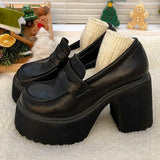 Punk Style Chunky Platform Pumps Women Black Pu Leather Super High Heel Loafers Woman Slip On Thick Heels Lolita Mary Jane Shoes