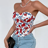 Summer Women Floral Y2K Crop Tops Printed Sleeveless Fishbone Corset Woman Sexy Backless Slim Strapless Streetwear Camisole