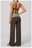 Fake Two-piece Sports Bra Yoga Sets Women Coffee Striped Patchwork Folding High Waist Wide Leg Pants Gym Running Fitness Suits