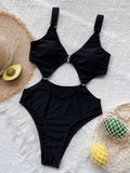 2026 New Sexy Black One Piece Swimsuit Swimwear Women Hollow High Waist Bathing Suit Beachwear Metal Hoops Decor Banadores Mujer