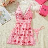 Lips Prints Pink Lace Sexy Lingerie Women See Through Babydoll Dress Slim Soft V Neck Side Opening Sleepwear Festival Gift