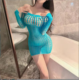 Sexy Fishnet Stockings Long Sleeve Mini Skirt Hollow Out Hip Wrap Skirt with Suspender Jacquard for Cross-border Trade