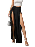 Women's Elastic High Waist Skirts Solid Color Side High Split Loose Fit  Long Skirts Beachwear