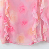 Deep V-neck Strap Dress Sexy Ruffled Long Dress Womens Pink Rose Print Strap Dress Ruffle Sleeveless Summer Beach Dress GO0Y