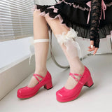 Big Size 30-48 Sweet Lolita Pink Mary Jane Shoes Women Round Toe Cross-Straps Platform White Block Heel Cute Dress Pumps
