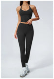 Women Tracksuit 2PCS Seamless Yoga Sets Hanging V Neck Slim Sports Tank Top Fitness Outfits Gym Running High Waist Leggings Suit