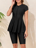 Short Sleeves Two Pieces Swimsuit Women 2026 Zipper Swimwear Female Solid Beach Dress Bathers Bathing Swimming Swim Suit