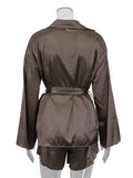 Marthaqiqi Fashion Ladies Nightgowns Suit Turn-Down Collar Robe Lace Up Pajama Long Sleeve Sleepwear Shorts Printing Nightie Set