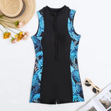 Vintage Blue Leaves Print Spliced One Piece Swimsuit Surfing Suit for Women Zipper Conservative Sports Bathing Suit Swimwear