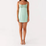 Women Stylish Sequin Flower Embroidered Square Neck Spaghetti Strap Dress Solid Color Party Club Mini Cami Dresses