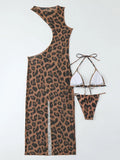 XS - XL Halter Leopard Beach Cover Up Bikini Women Swimwear Female Swimsuit Three-pieces Bikini Set Mini Micro Bathing Suit Swim