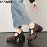 Ladies Retro Style High Heel Single Shoes for Women Platform Thick Heel Buckle Design Casual Loafers T-strap Leather shoes New