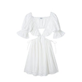 Foridol Lace Summer White Dress Women Puff Sleeve Embriodery Waist Cut Out Beach Short Sexy Cotton Dress Backless 2025 Sundress
