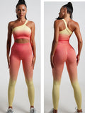 Seamless Tight Yoga Sets Sports Fitness Gradient Single Shoulder Bra High Waist Hip Lifting Pants Suits Wokout Gym Running Sets