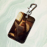 Funny Art Fat Cat Toilet Rectangle Card Case Keychain Access Card Bag Key Tag Ring Leather Card Holder Key Ring Access