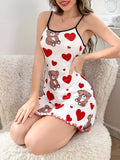 Summer Nightgowns Women's Pajamas Cute Teddy Bear & Hearts Printed Sleeveless Ruffled Hem Sleep Dress Loungewear Sleepwear