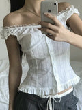 Phantasy Y2K Women Tops White Lace T-Shirt Button Tees Vintage French Style Tops 2025 Spring Summer Tops Female Streetwear