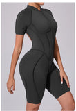 Summer Zipper Workout Jumpsuit Sports Overalls Women Running Fitness Short Sleeve Yoga Bodysuit