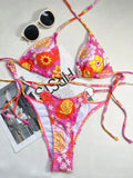 sexy flower print triangle micro bikini sets metal ring bandage thong swimsuits side tie beachwear summer holiday outfits